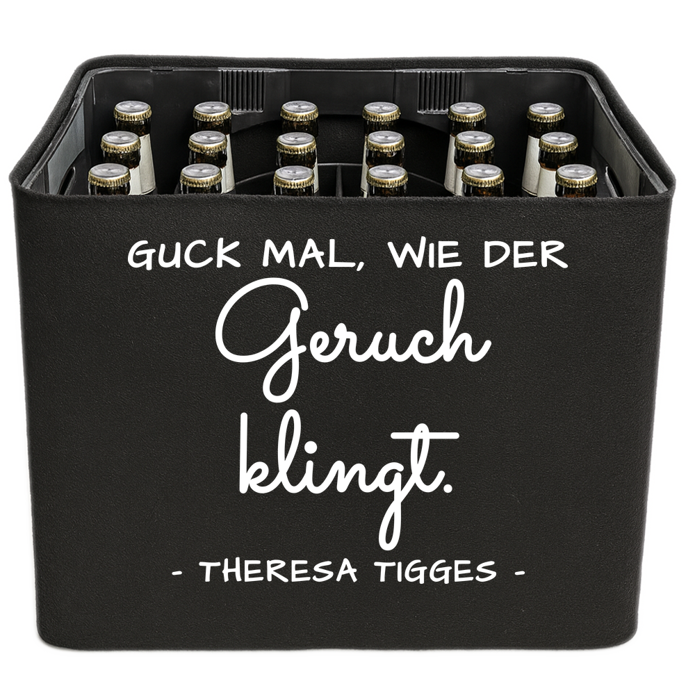 KistenBlende mit dem Spruch „Guck mal, wie der Geruch klingt.“ – Bierkasten 24 × 0,33 l und 20 × 0,5 l