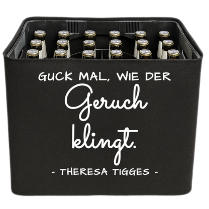 KistenBlende mit dem Spruch „Guck mal, wie der Geruch klingt.“ – Bierkasten 24 × 0,33 l und 20 × 0,5 l
