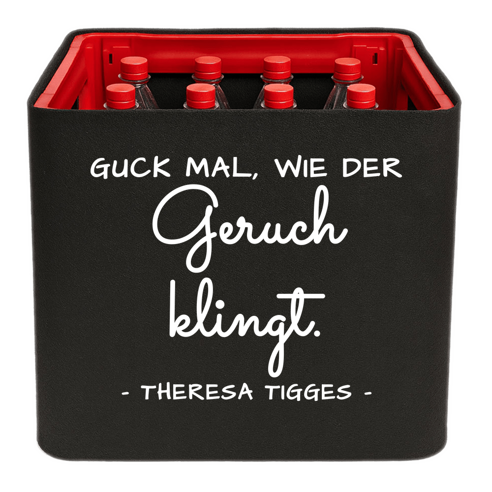 KistenBlende mit dem Spruch „Guck mal, wie der Geruch klingt.“ – Limonadenkiste 12 × 1 l PET