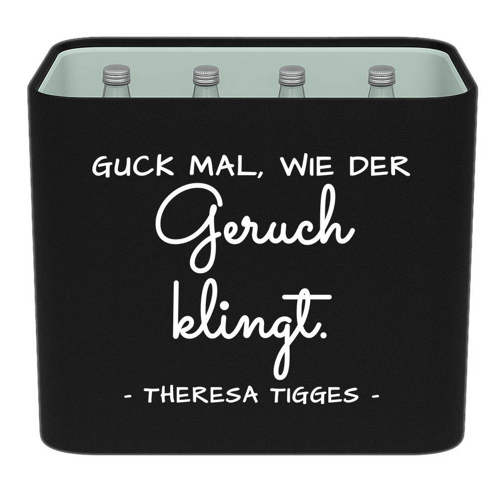 KistenBlende mit dem Spruch „Guck mal, wie der Geruch klingt.“ – Wasserkiste 12 × 0,75 l Glas