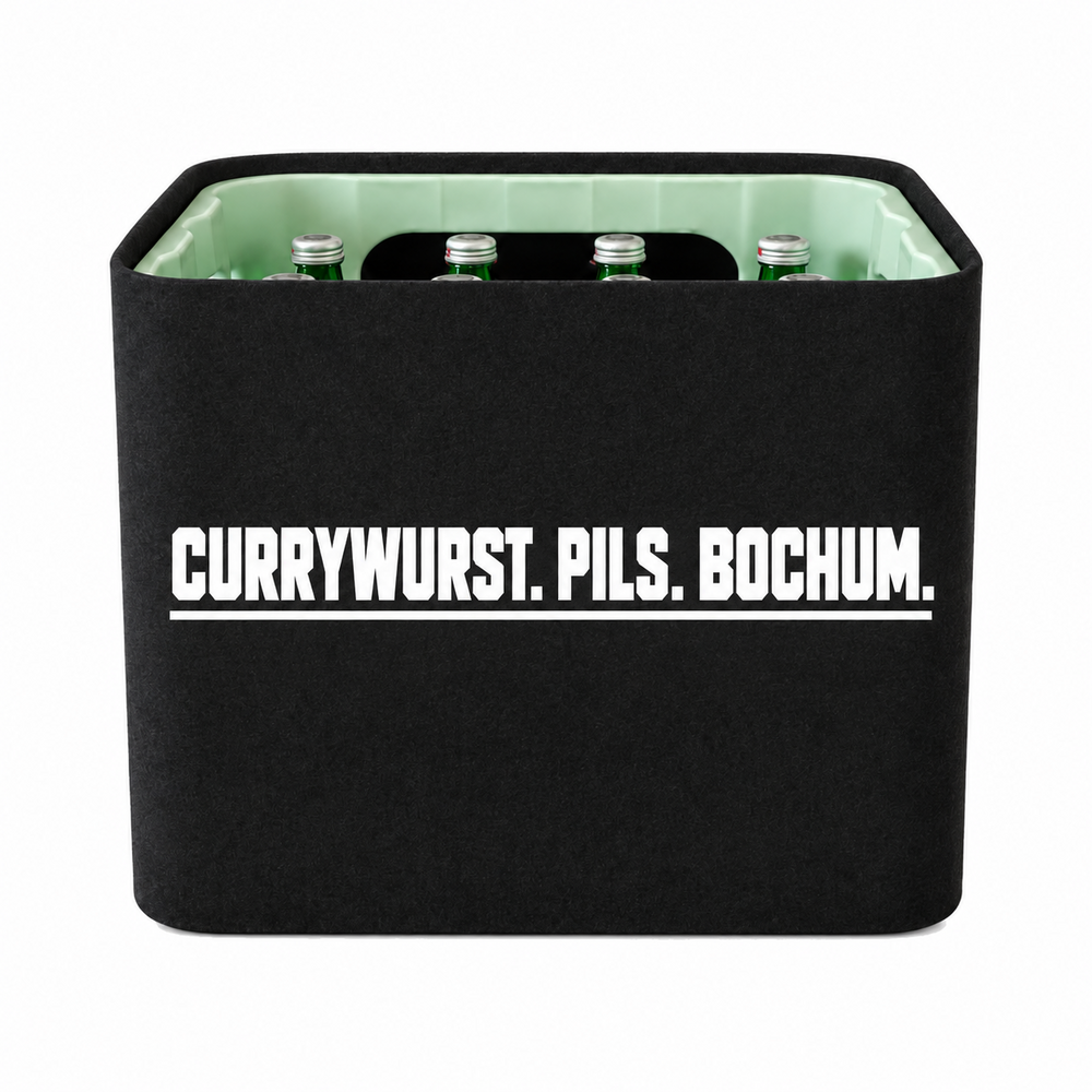 KistenBlende Currywurst. Pils. Bochum. auf Wasserkiste Glas