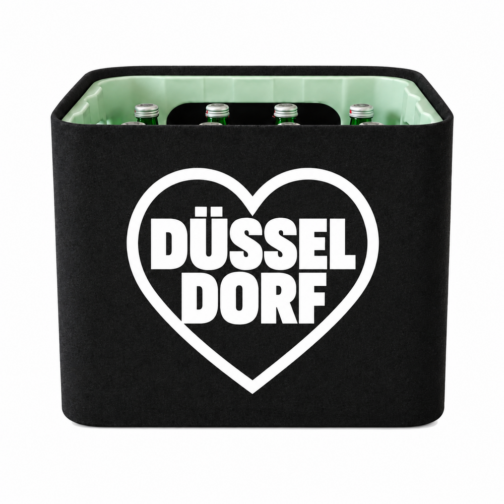 KistenBlende Düsseldorf Stadt mit Herz auf Wasserkiste Glas