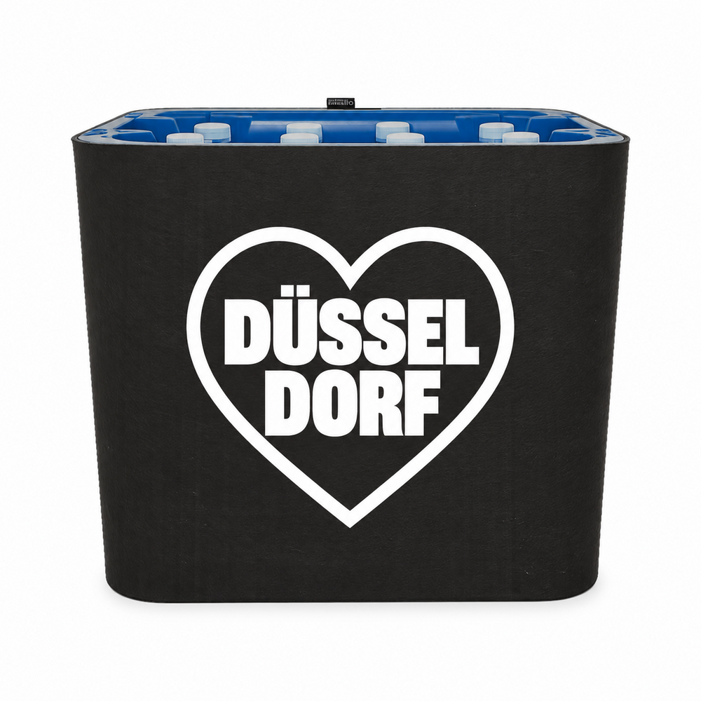 KistenBlende Düsseldorf Stadt mit Herz auf Wasserkiste PET