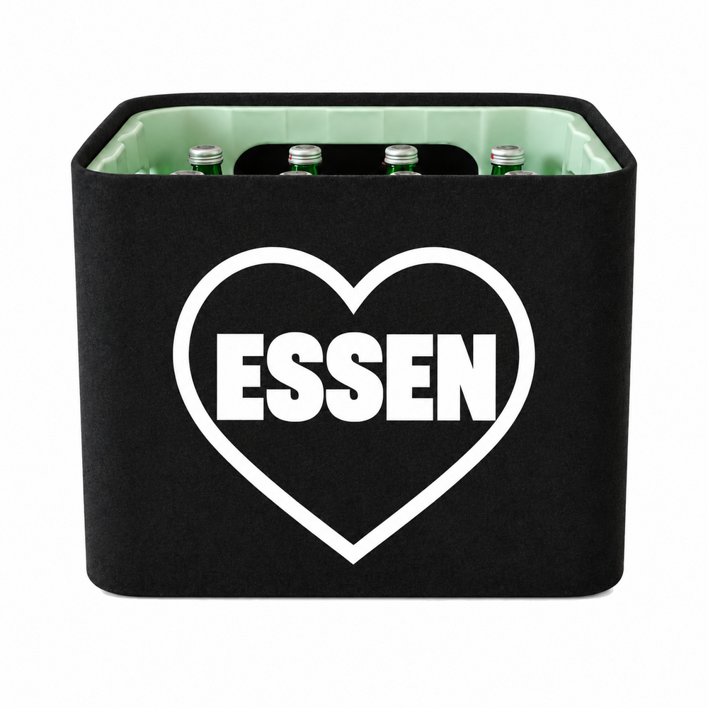 KistenBlende Essen Stadt mit Herz auf Wasserkiste Glas