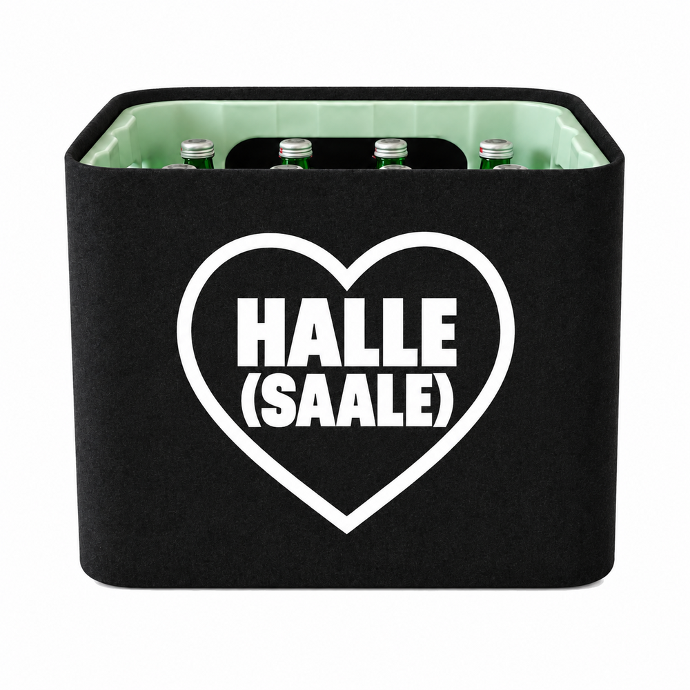KistenBlende Halle (Saale) Stadt mit Herz auf Wasserkiste Glas