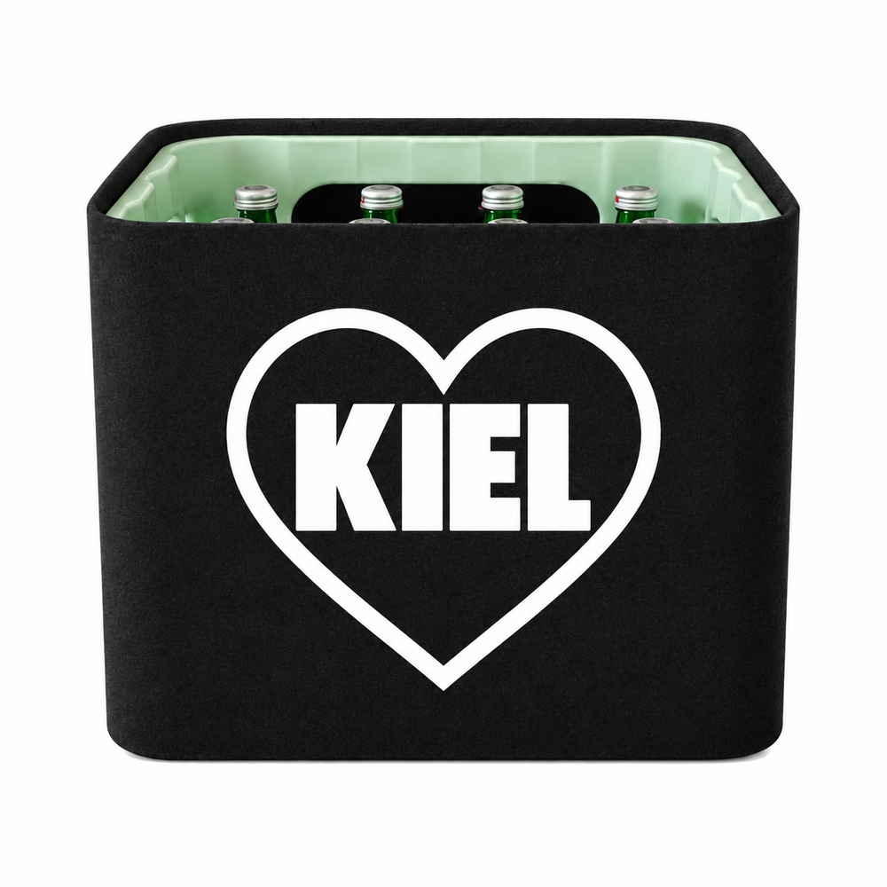 KistenBlende Kiel Stadt mit Herz auf Wasserkiste Glas