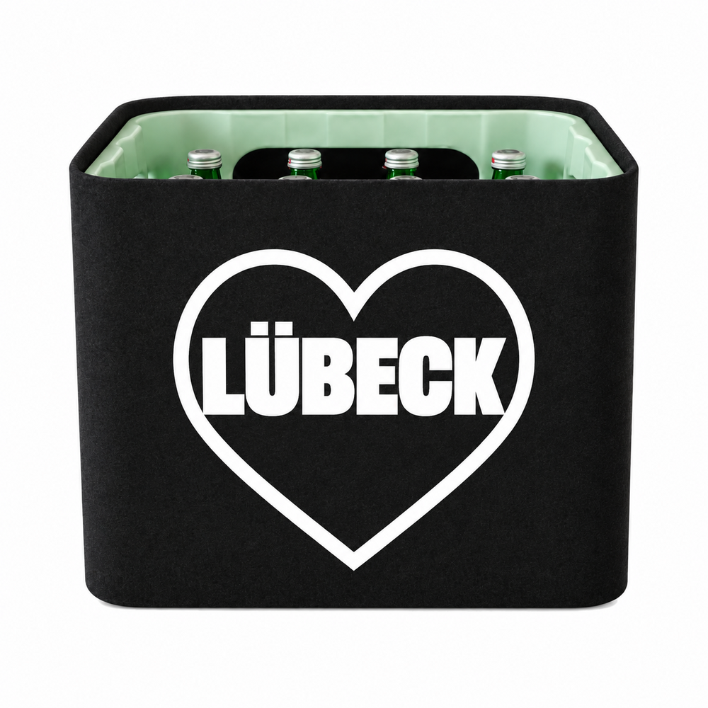KistenBlende Lübeck Stadt mit Herz auf Wasserkiste Glas