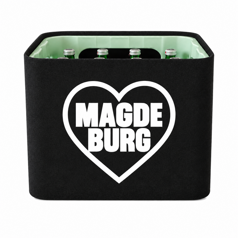 KistenBlende Magdeburg Stadt mit Herz auf Wasserkiste Glas