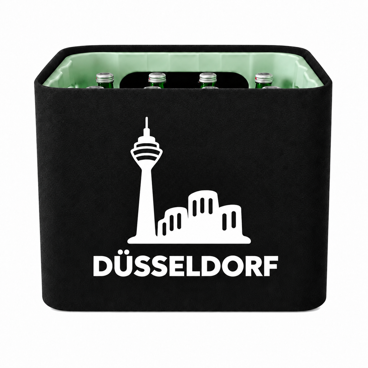 KistenBlende Düsseldorf Stadt Silhouette 2 auf Wasserkiste Glas
