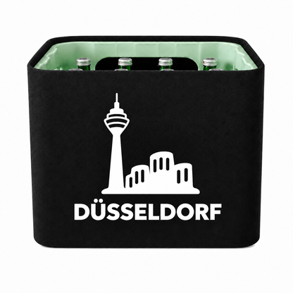 KistenBlende Düsseldorf Stadt Silhouette 2 auf Wasserkiste Glas