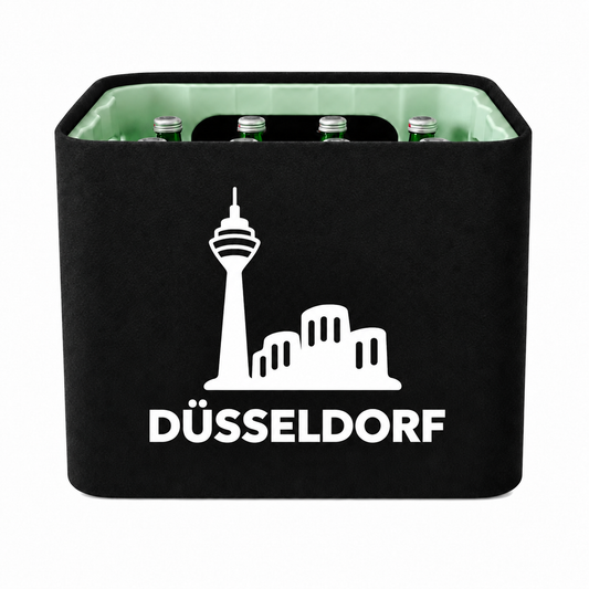 KistenBlende Düsseldorf Stadt Silhouette 2 auf Wasserkiste Glas