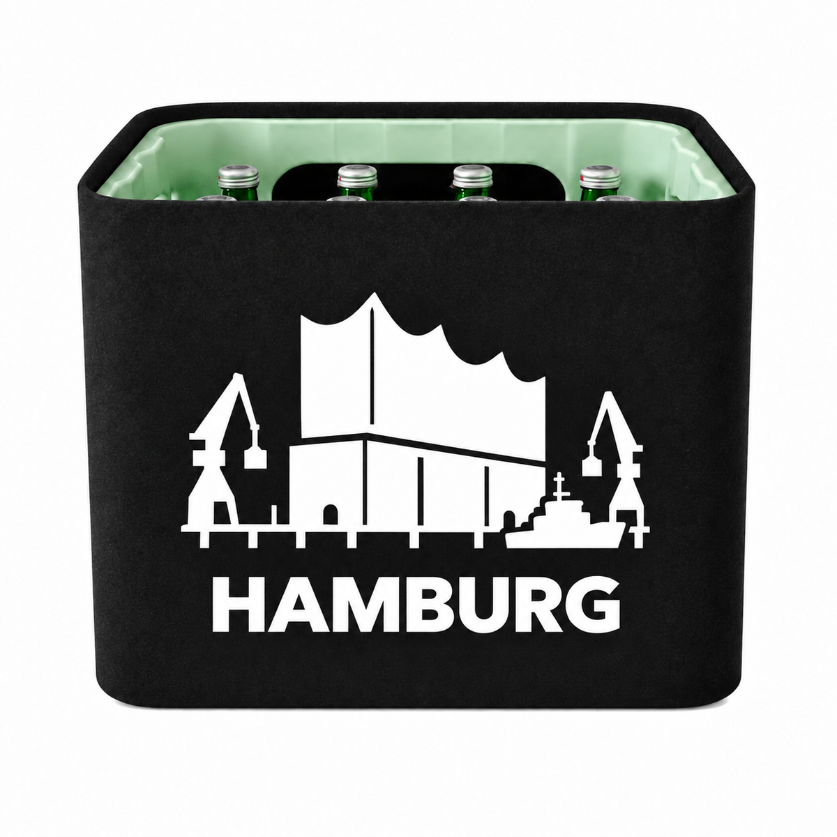 KistenBlende Hamburg Stadt Silhouette 2 auf Wasserkiste Glas