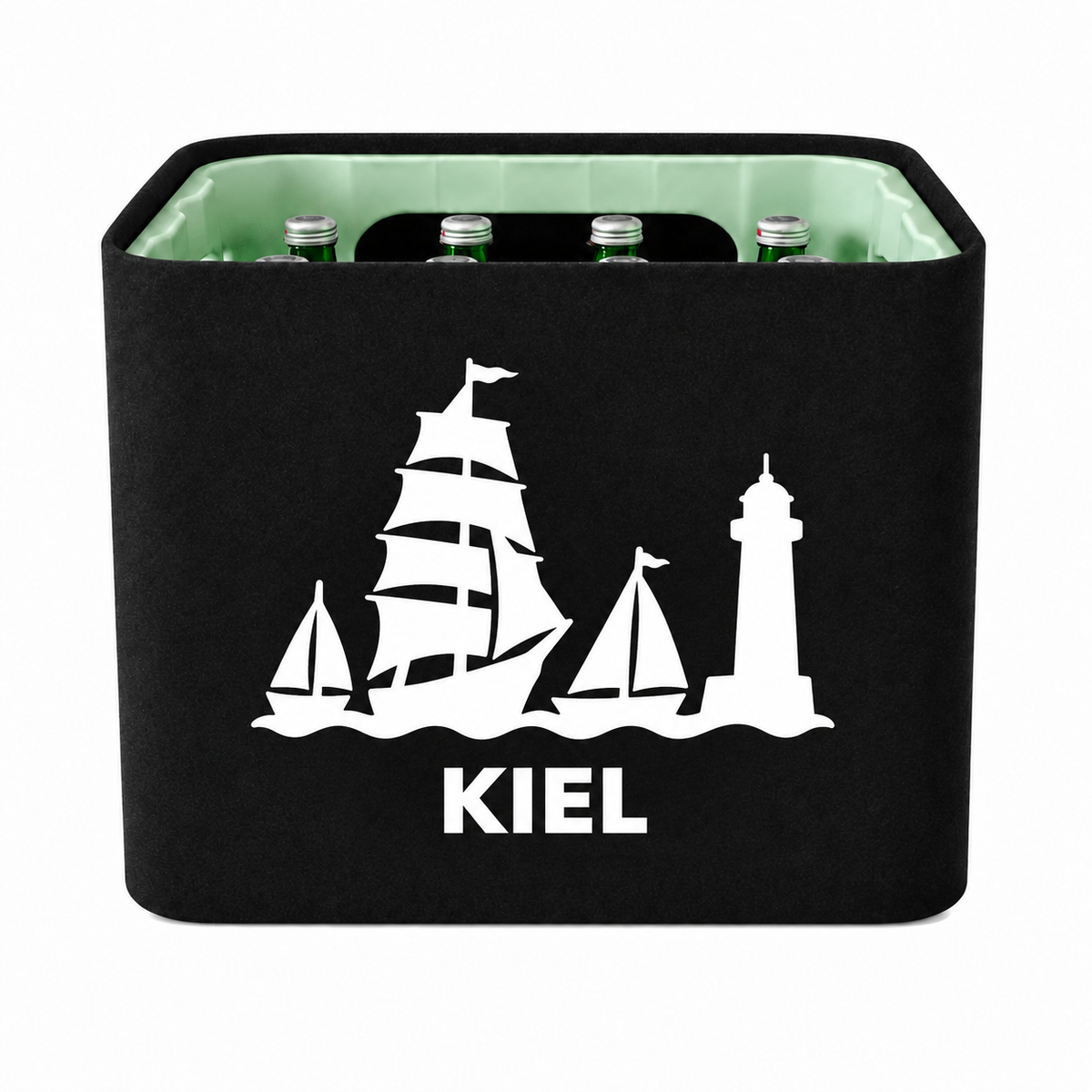 KistenBlende Kiel Stadt Silhouette 2 auf Wasserkiste Glas
