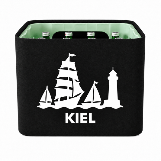 KistenBlende Kiel Stadt Silhouette 2 auf Wasserkiste Glas