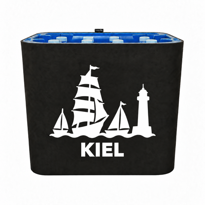 KistenBlende Kiel Stadt Silhouette 2 auf Wasserkiste PET