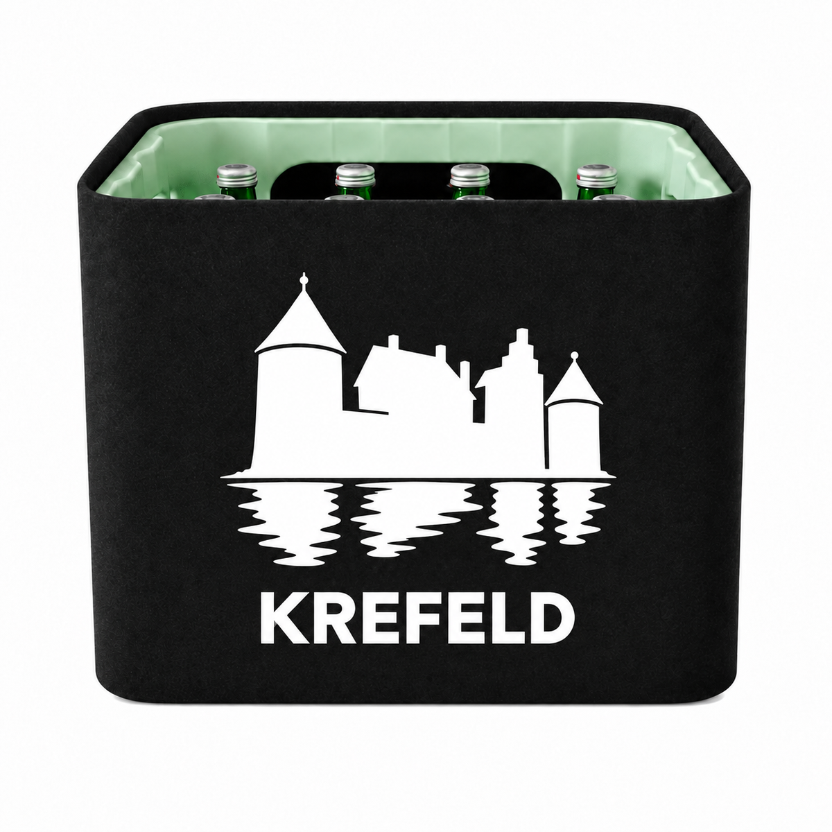 KistenBlende Krefeld Stadt Silhouette 2 auf Wasserkiste Glas
