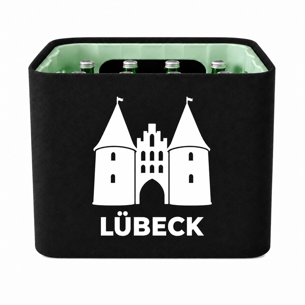 KistenBlende Lübeck Stadt Silhouette 2 auf Wasserkiste Glas