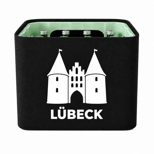 KistenBlende Lübeck Stadt Silhouette 2 auf Wasserkiste Glas