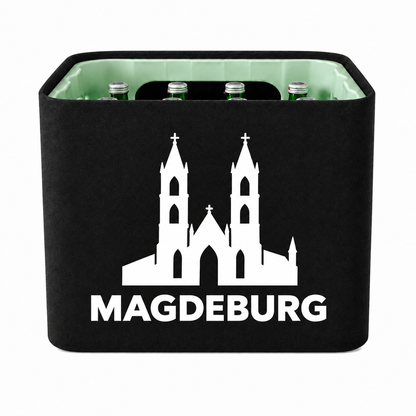 KistenBlende Magdeburg Stadt Silhouette 2 auf Wasserkiste Glas