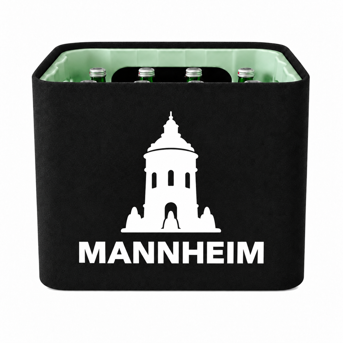 KistenBlende Mannheim Stadt Silhouette 2 auf Wasserkiste Glas