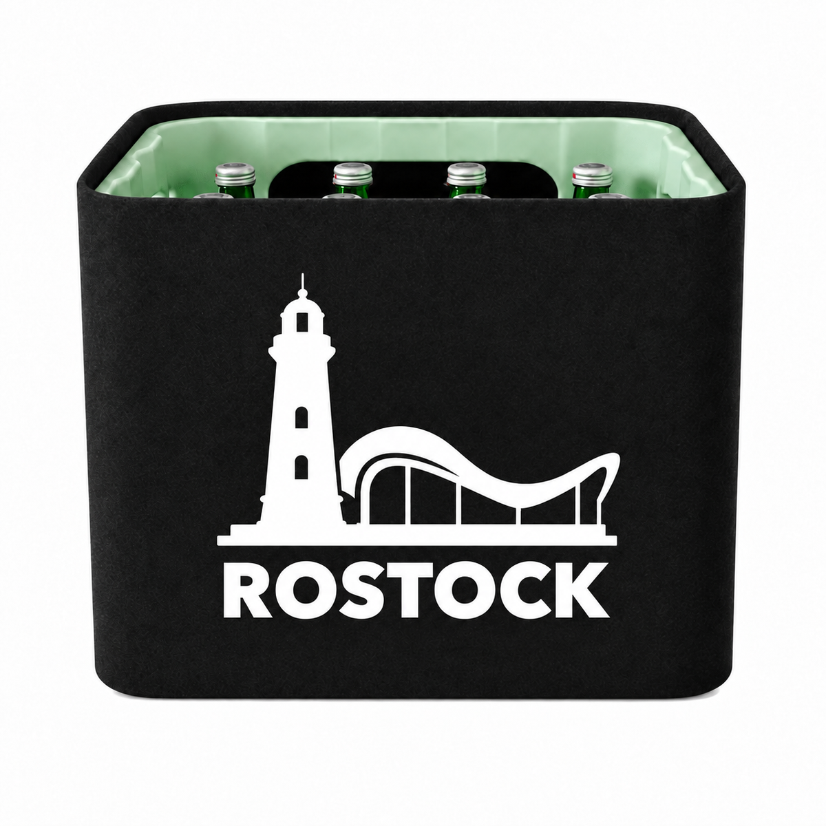 KistenBlende Rostock Stadt Silhouette 2 auf Wasserkiste Glas