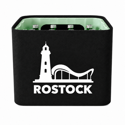KistenBlende Rostock Stadt Silhouette 2 auf Wasserkiste Glas