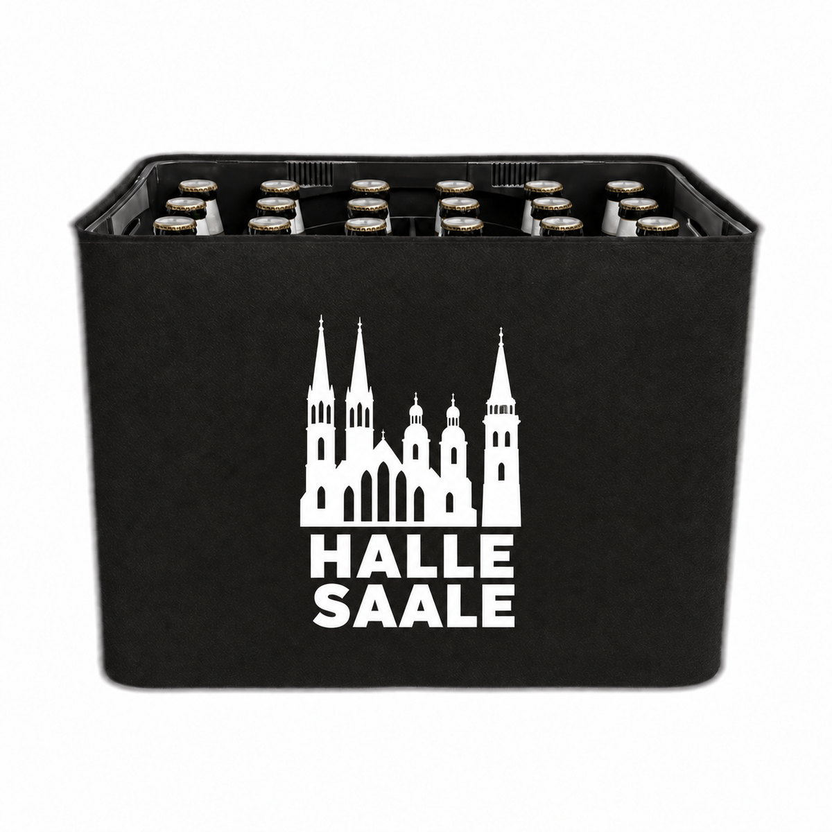 KistenBlende Halle (Saale) Stadt Silhouette auf Bierkasten