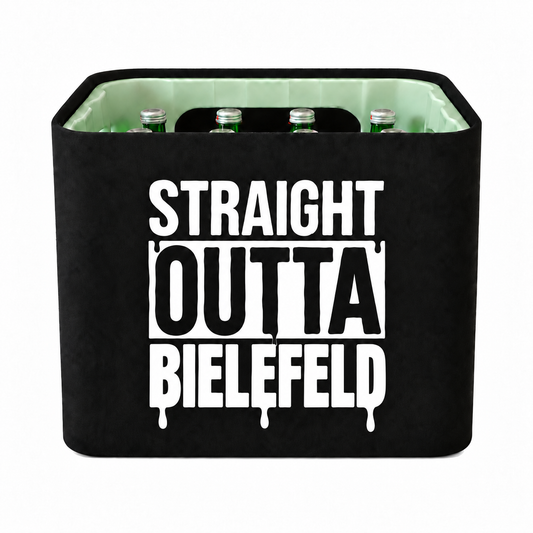 KistenBlende STRAIGHT OUTTA Bielefeld auf Wasserkiste Glas