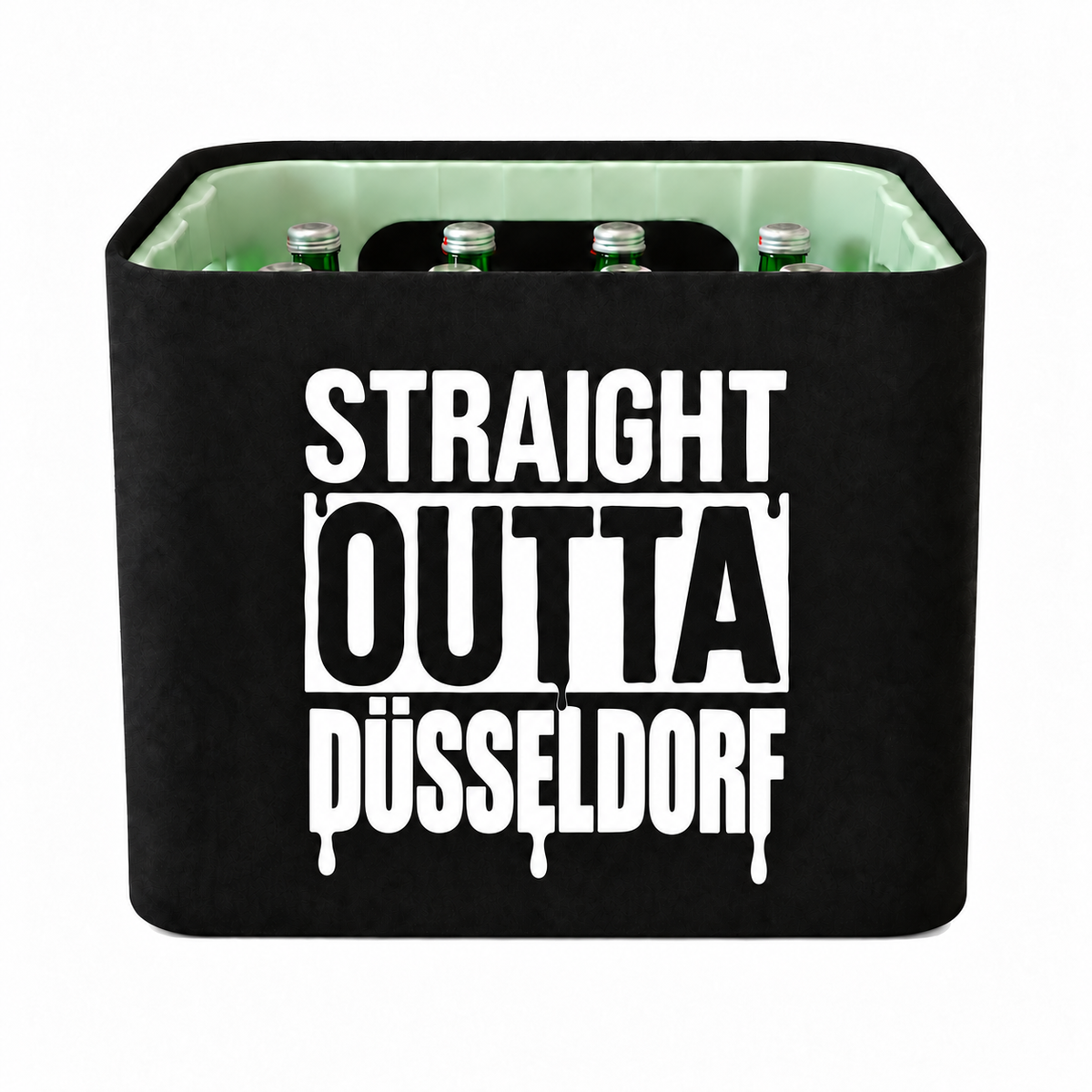KistenBlende STRAIGHT OUTTA Düsseldorf auf Wasserkiste Glas