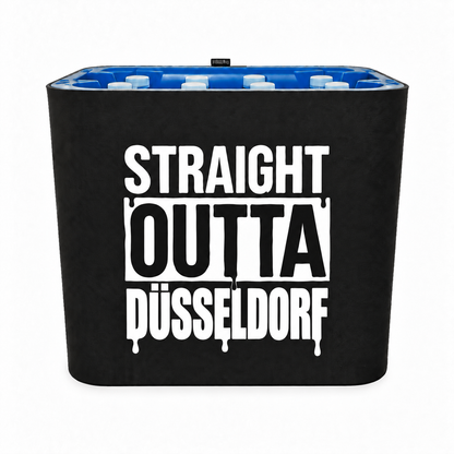 KistenBlende STRAIGHT OUTTA Düsseldorf auf Wasserkiste PET