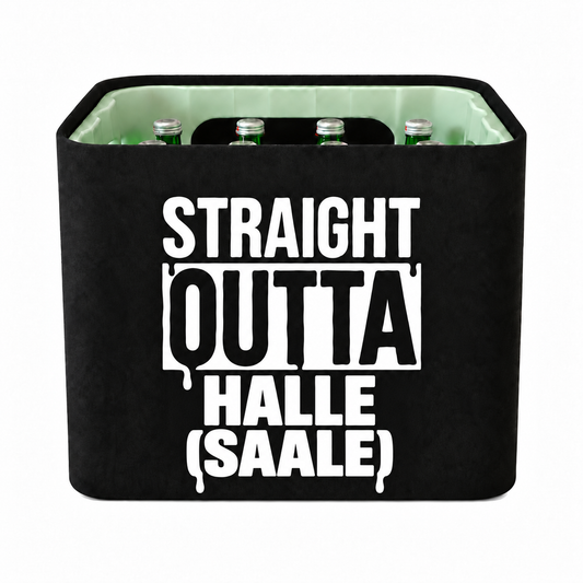 KistenBlende STRAIGHT OUTTA Halle (Saale) auf Wasserkiste Glas