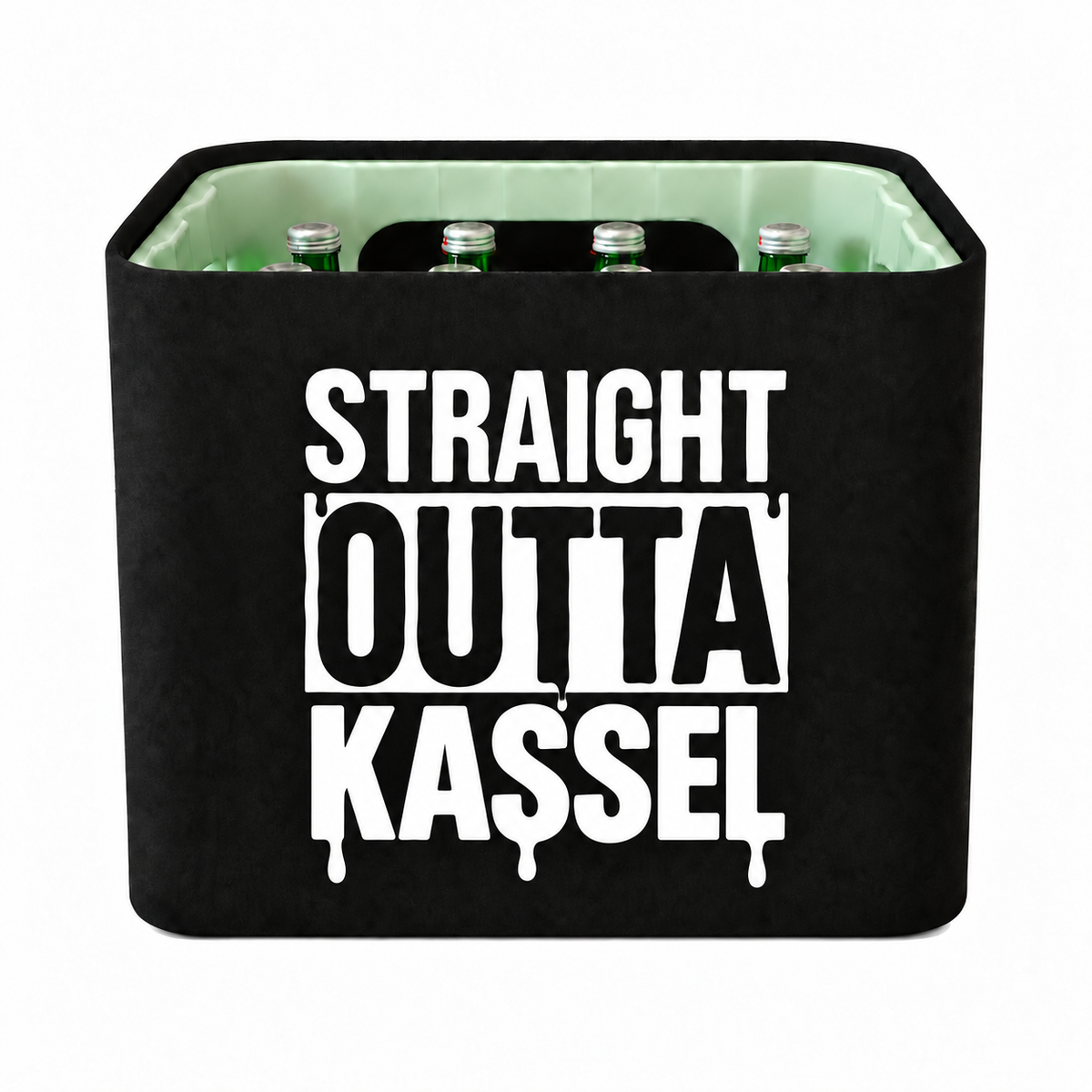 KistenBlende STRAIGHT OUTTA Kassel auf Wasserkiste Glas