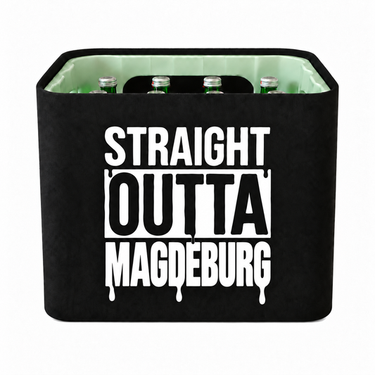 KistenBlende STRAIGHT OUTTA Magdeburg auf Wasserkiste Glas
